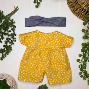 Favorite Yellow Romper, Handmade Doll Clothes, Stuffed Animal Doll Dress, 15 inch Tall Stuffed Doll, Cotton Fabric