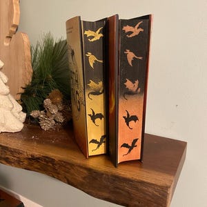 Puede incluir: Dos libros de tapa dura con siluetas de dragones doradas y naranjas en los lomos. El libro de la izquierda tiene el texto "The Fifth" en el lomo. Los libros est&aacute;n en una estanter&iacute;a de madera.