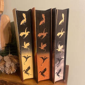Op de afbeelding: Drie hardcover boeken met zwarte, oranje en grijze omslagen. Elk omslag heeft een herhalend patroon van gouden draken silhouetten.