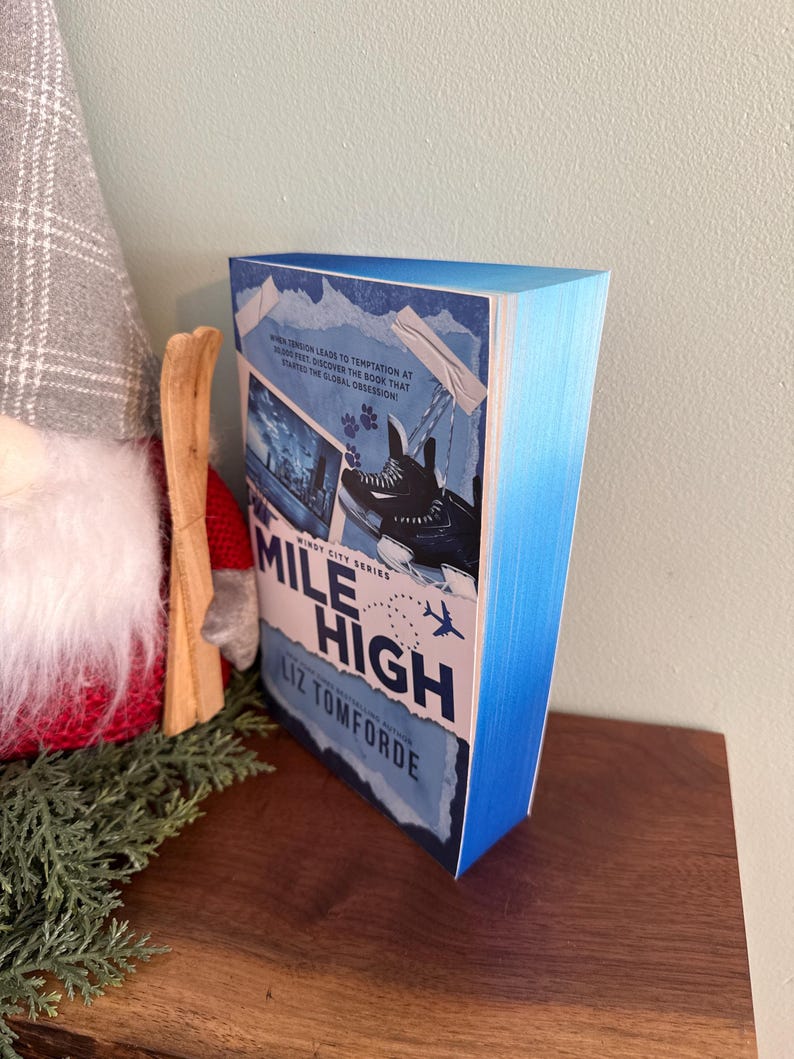 May include: A paperback book titled Mile High by Liz Tomforde from the Windy City Series. The cover features a blue gradient, a graphic of ice skates, a small airplane icon, and text that reads When tension leads to temptation at 30,000 feet.