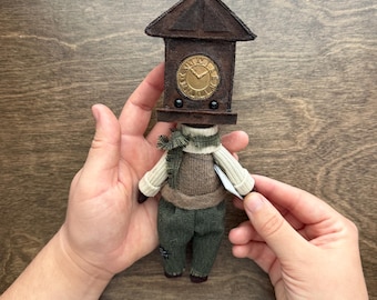 Clock Head Art Doll OOAK with Unique and Stylized Outfit Made by Hand