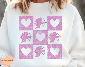 Retro Checkered Valentine Cupid SVG, Distressed PNG (Digital Files)