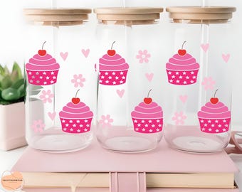 Valentine Cupcake Glass Can Wrap SVG, Retro Flower PNG (Digital Files)