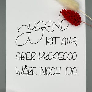Lustige Karte I ‚Jugend ist aus, aber Prosecco wäre noch da‘ I A6 Postkarte Humor I schwarz-weiss