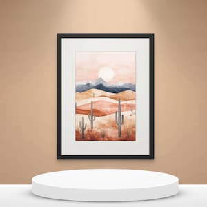 Desert Sunset Wall Art Print – Minimalist Cactus & Mountain Landscape in Pastel Tones, Boho Mid-Century Modern Home Decor