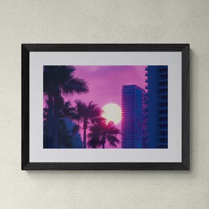 Vaporwave Miami Sunset Wall Art Print – Retro Futuristic Digital Art with Palm Trees & Neon Skyline
