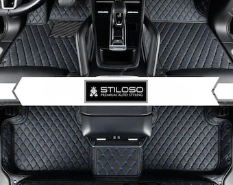 Custom Fitted Black and Blue Stitching Diamond Luxury Car Mats Full Set by Stiloso