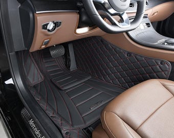Custom Fitted Black and Red Stitching Curved Striped Diamond Luxury Car Mats Full Set by Stiloso
