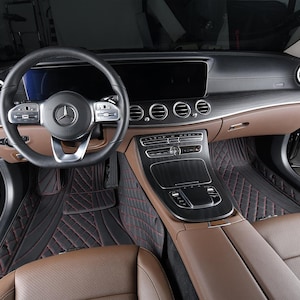 Custom Fitted Black and Red Stitching Curved Diamond Luxury Car Mats Full Set by Stiloso
