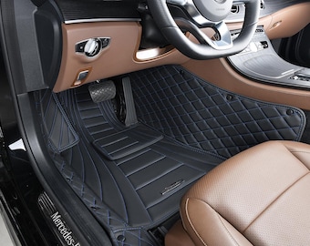 Custom Fitted Black and Blue Stitching Curved Striped Diamond Luxury Car Mats Full Set by Stiloso