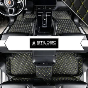 Custom Fitted Black and Yellow Stitching Diamond Luxury Car Mats Full Set by Stiloso