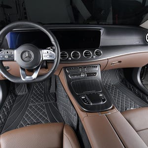 Custom Fitted Black and White Stitching Curved Diamond Luxury Car Mats Full Set by Stiloso