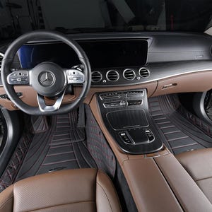 Custom Fitted Black and Red Stitching Curved Striped Diamond Luxury Car Mats Full Set by Stiloso