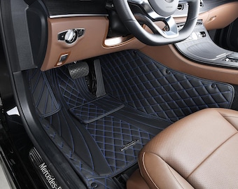 Custom Fitted Black and Blue Stitching Curved Diamond Luxury Car Mats Full Set by Stiloso