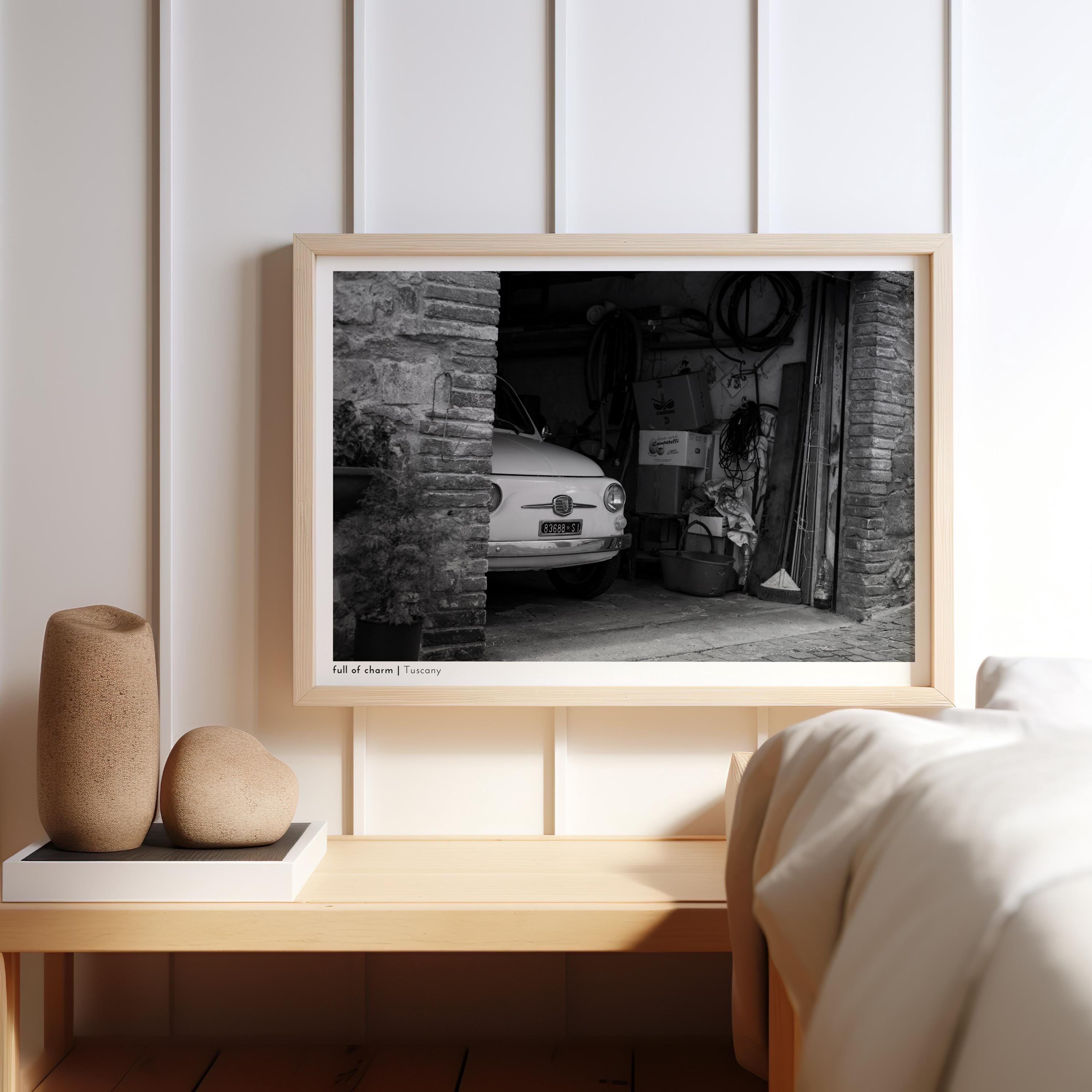 Home Wall Art Decor, Real Life Photography Print, B&W Italian Backdrop, Fiat 500 Tuscany Poster, Bedroom, Living Room, Kitchen, Office Gift