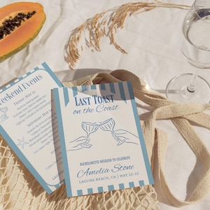 Coastal Last Toast On The Coast, Bachelorette Invitation and Itinerary Template, Beach Bachelorette Party Invite, Printable Itinerary