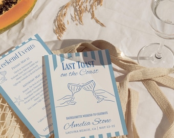 Coastal Last Toast On The Coast, Bachelorette Invitation and Itinerary Template, Beach Bachelorette Party Invite, Printable Itinerary