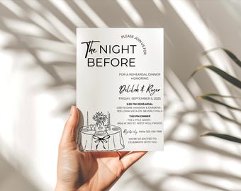 Convite para o jantar de ensaio na noite anterior, convite para jantar de ensaio minimalista moderno, modelo editável, convite para jantar desenhado à mão, Canva