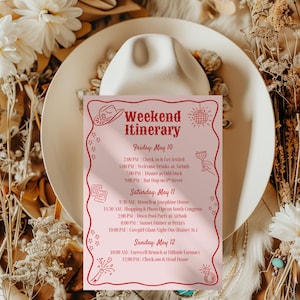 May include: A pink and red illustrated itinerary for a weekend trip. The itinerary includes activities for Friday, Saturday, and Sunday. The text includes the dates May 10, May 11, and May 12.