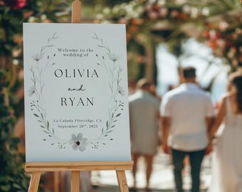 Letrero de bienvenida floral blanco y verde para boda, plantilla de bienvenida con vegetación, descarga instantánea, póster de bienvenida editable, verde salvia