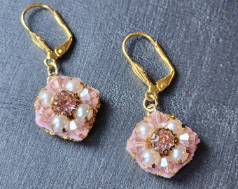 Perla bead embroidered pink crystal drop earrings