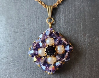 Perla maxima bead embroidered amethyst purple crystal drop pendant necklace