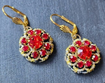 Rosa bead and lace embroidered red crystal drop earrings