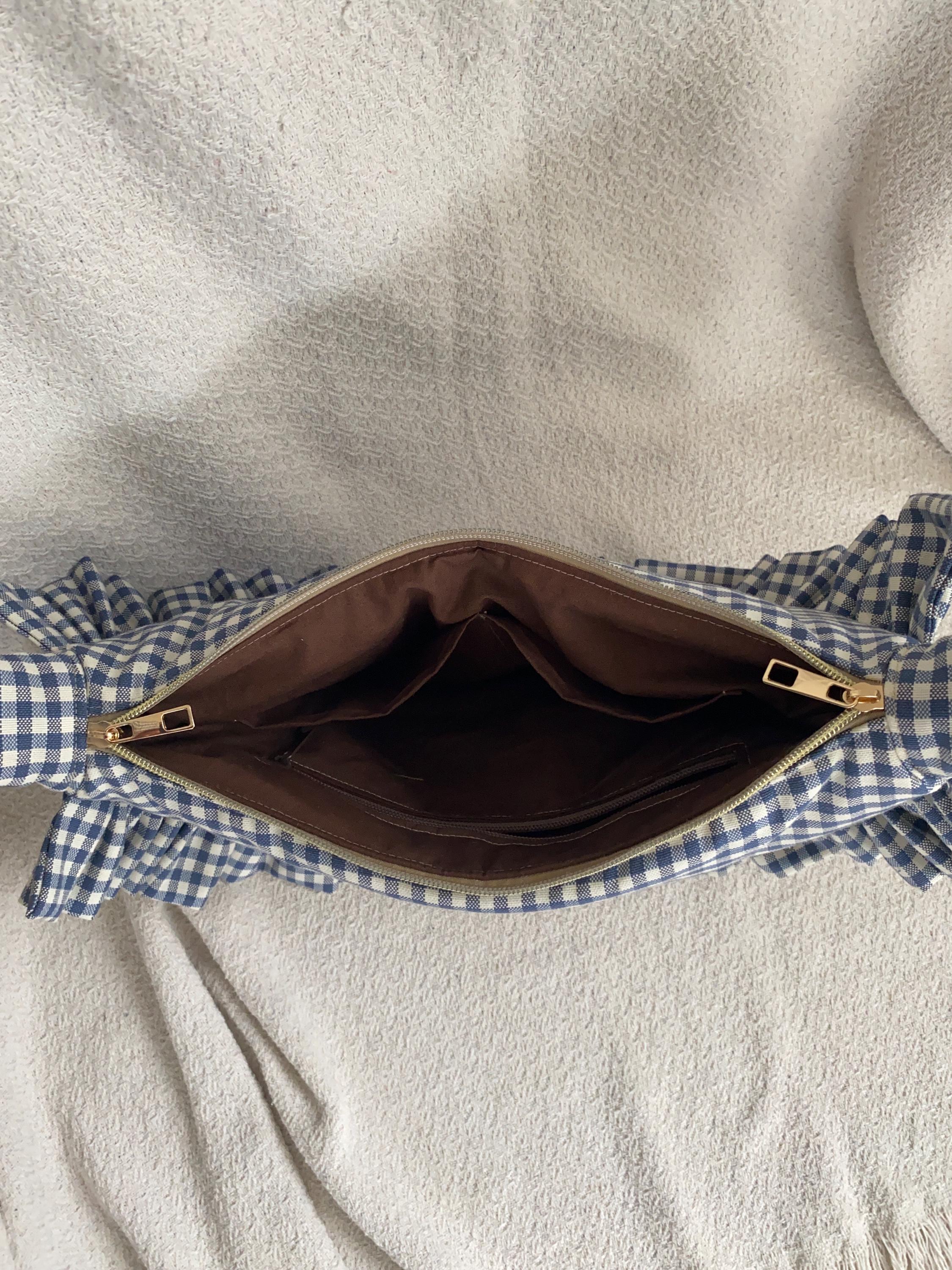Blue Gingham Shoulder Bag With Ruffle Strap, Adjustable Crossbody 