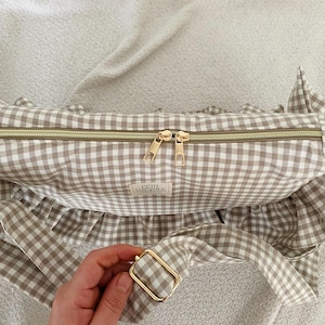 Beige or blue gingham ruffle crescent shoulder bag for women: handmade everyday handbag. image 2