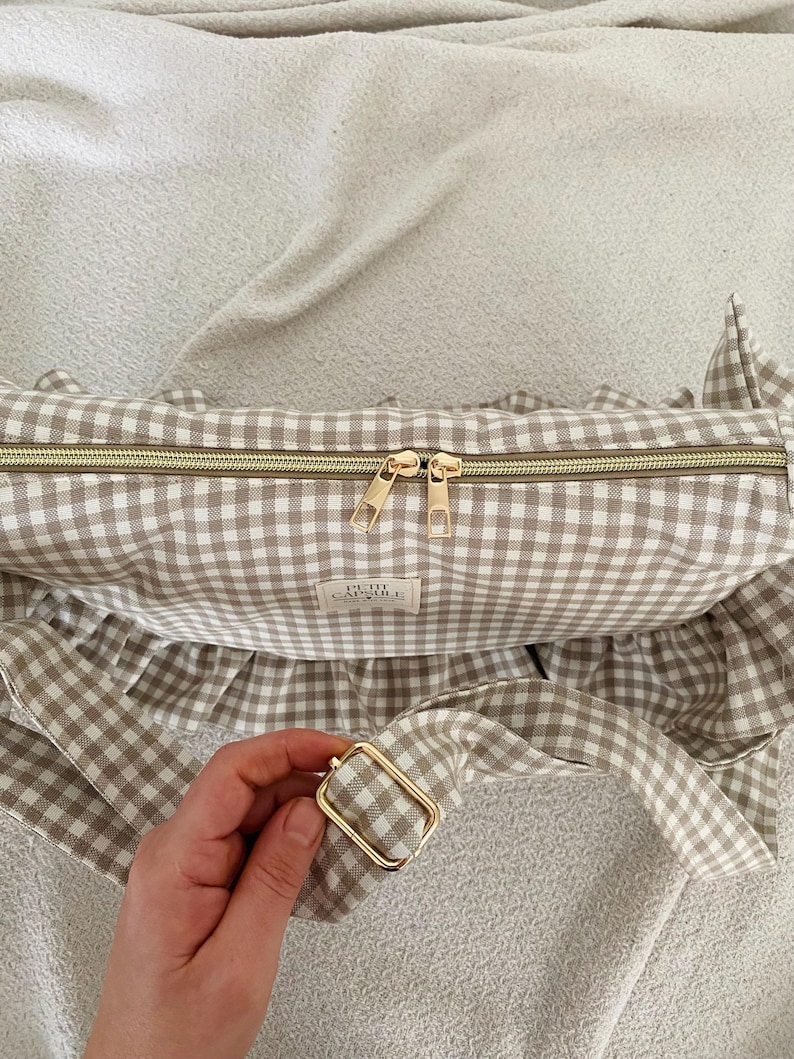 Beige or blue gingham ruffle crescent shoulder bag for women: handmade everyday handbag. image 2