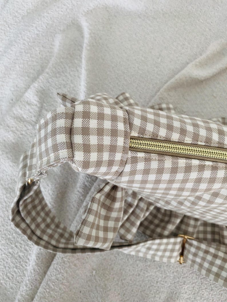 Beige or blue gingham ruffle crescent shoulder bag for women: handmade everyday handbag. image 15