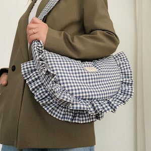 Beige or blue gingham ruffle crescent shoulder bag for women: handmade everyday handbag. image 4