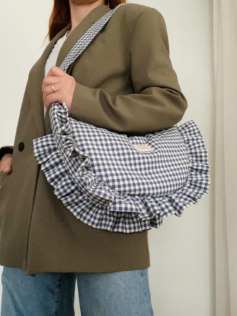 Beige or blue gingham ruffle crescent shoulder bag for women: handmade everyday handbag. image 4
