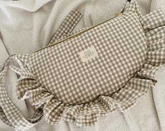 Beige oder blaue Vichykaro Schultertasche für Frauen: handgemachte Handtasche für jeden Tag.