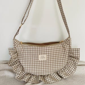 Beige or blue gingham ruffle crescent shoulder bag for women: handmade everyday handbag. image 6