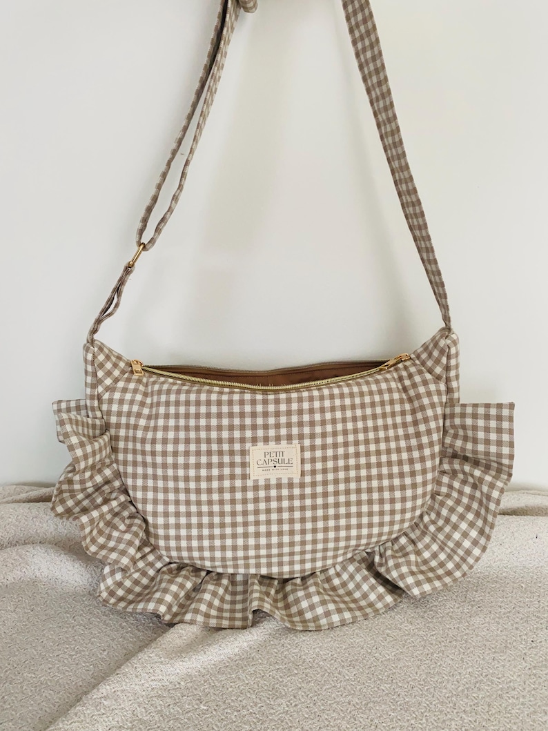 Beige or blue gingham ruffle crescent shoulder bag for women: handmade everyday handbag. image 6