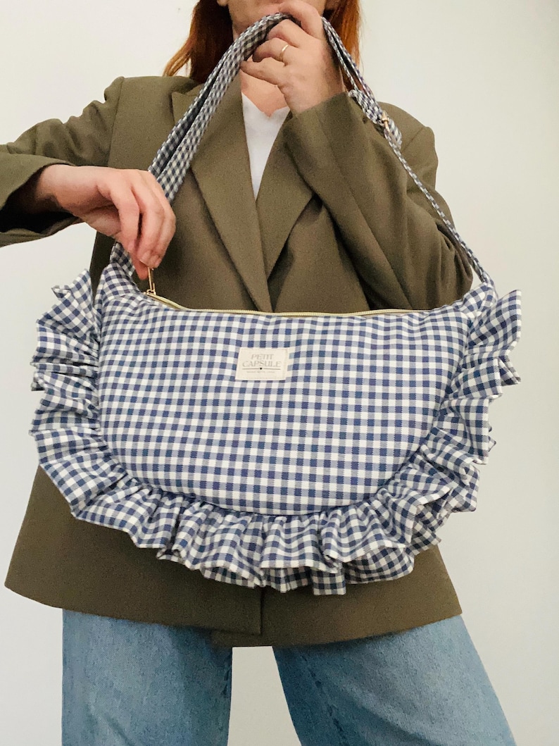 Beige or blue gingham ruffle crescent shoulder bag for women: handmade everyday handbag. blue gingham