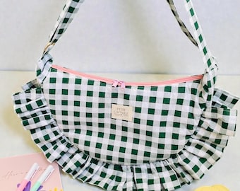Handmade Green and White Gingham Crossbody Bag with Ruffles - Half-moon design with Multi Pockets