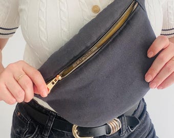 Canvas Belt Bag: Gray Crossbody Fanny Pack with Gold Zipper