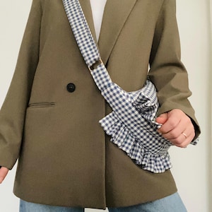 Beige or blue gingham ruffle crescent shoulder bag for women: handmade everyday handbag. image 5