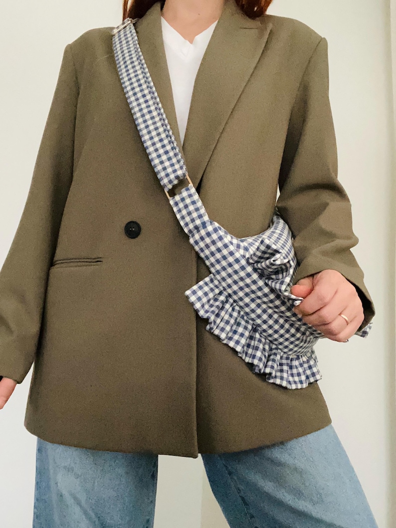 Beige or blue gingham ruffle crescent shoulder bag for women: handmade everyday handbag. image 5