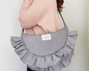 gingham fabric crescent shoulder bag: ruffle crossbody bag with adjustable strap