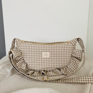 Beige or blue gingham ruffle crescent shoulder bag for women: handmade everyday handbag. image 9