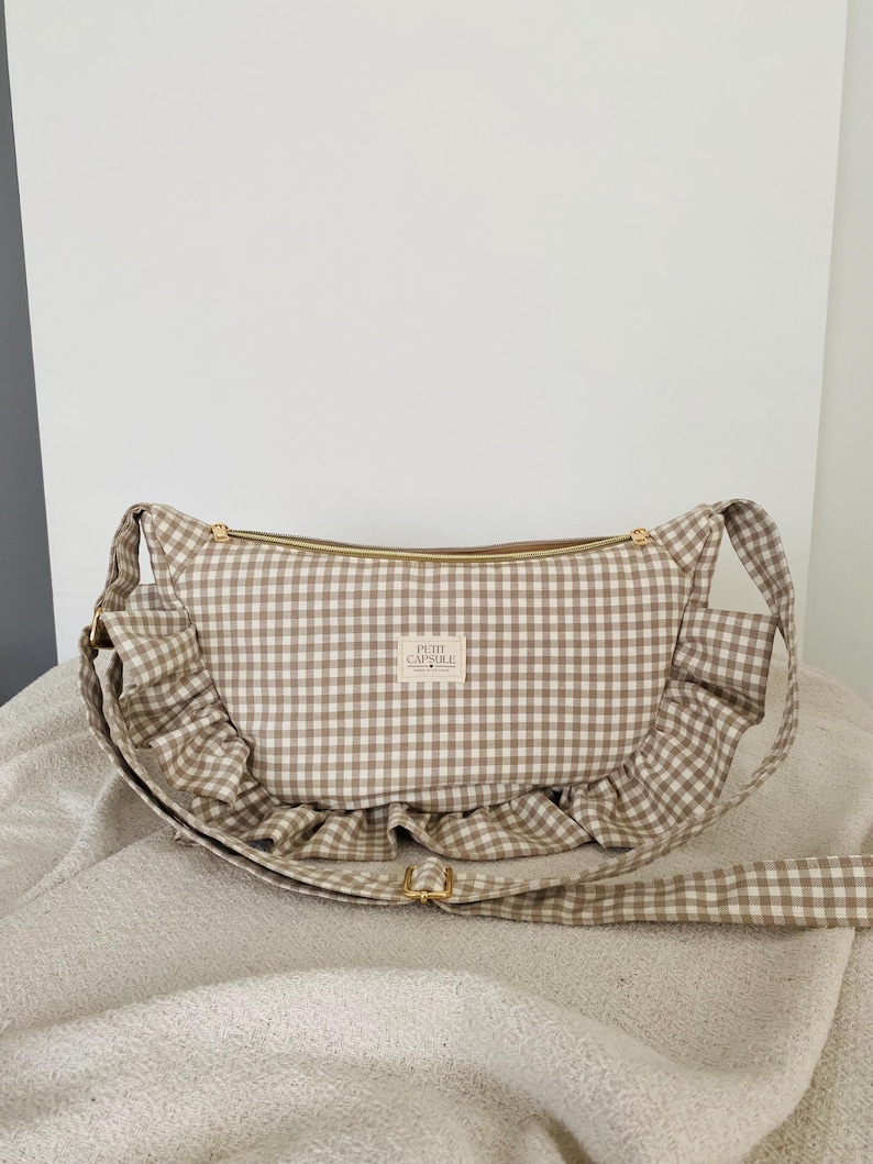 Beige or blue gingham ruffle crescent shoulder bag for women: handmade everyday handbag. image 9
