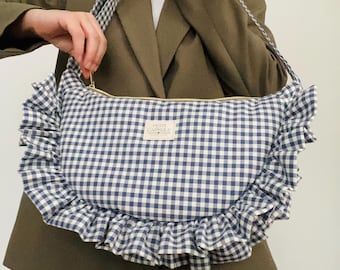 Blue Gingham Shoulder Bag with Ruffle Strap, Adjustable Crossbody Bag, Zippered Women’s Purse