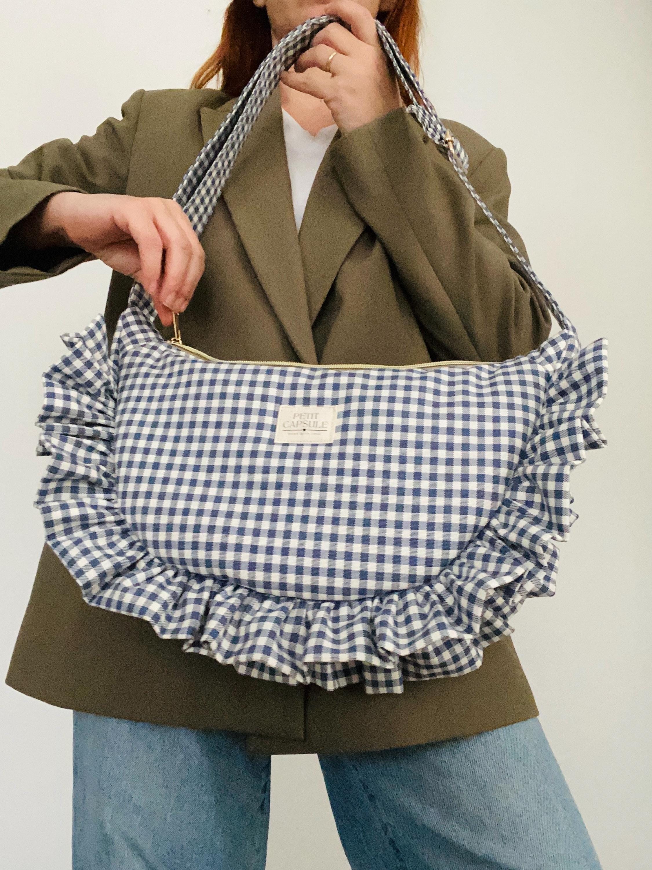 Blue Gingham Shoulder Bag With Ruffle Strap, Adjustable Crossbody 