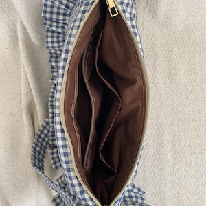 Beige or blue gingham ruffle crescent shoulder bag for women: handmade everyday handbag. image 7