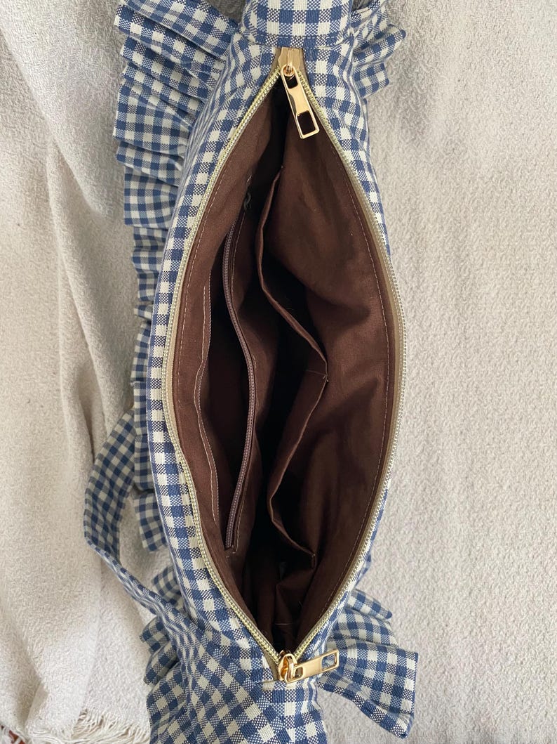 Beige or blue gingham ruffle crescent shoulder bag for women: handmade everyday handbag. image 7