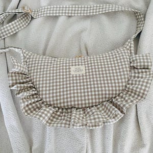 Beige or blue gingham ruffle crescent shoulder bag for women: handmade everyday handbag. image 14