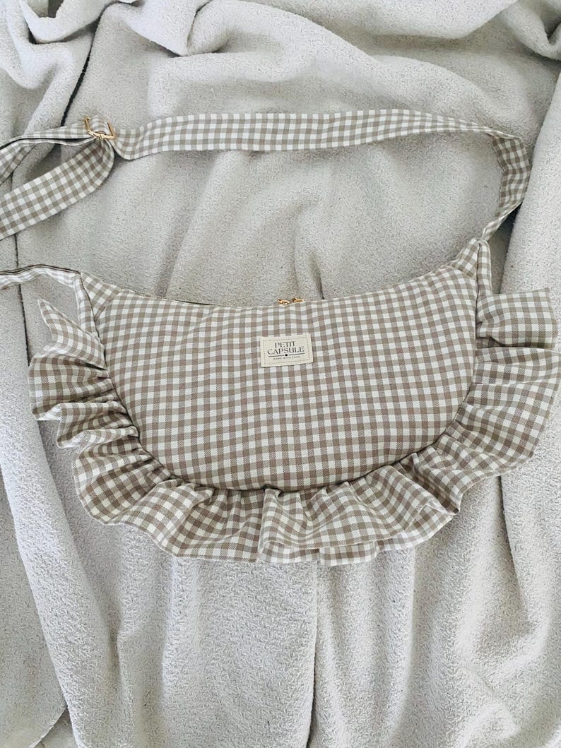 Beige or blue gingham ruffle crescent shoulder bag for women: handmade everyday handbag. image 14